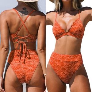 NWT Bikini Set for Women Bathing Suit High Waisted Scalloped V Neck Two Pieces S